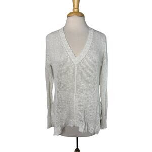 EILEEN FISHER Open Knit V-neck Pullover Sweater Snow White Sz Small Linen Blend